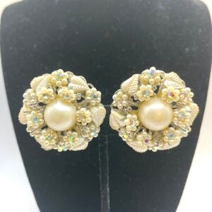 Vintage Beaujewels Earrings Clip On Faux Pearl AB Rhinestone
